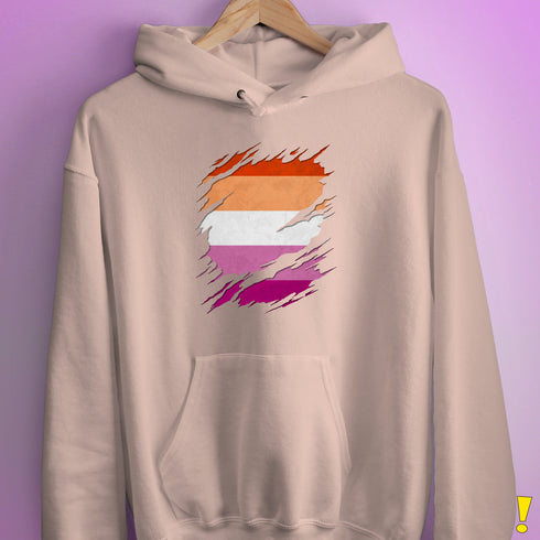 Lesbian Pride Flag Ripped Reveal Hoodie - Light Pink